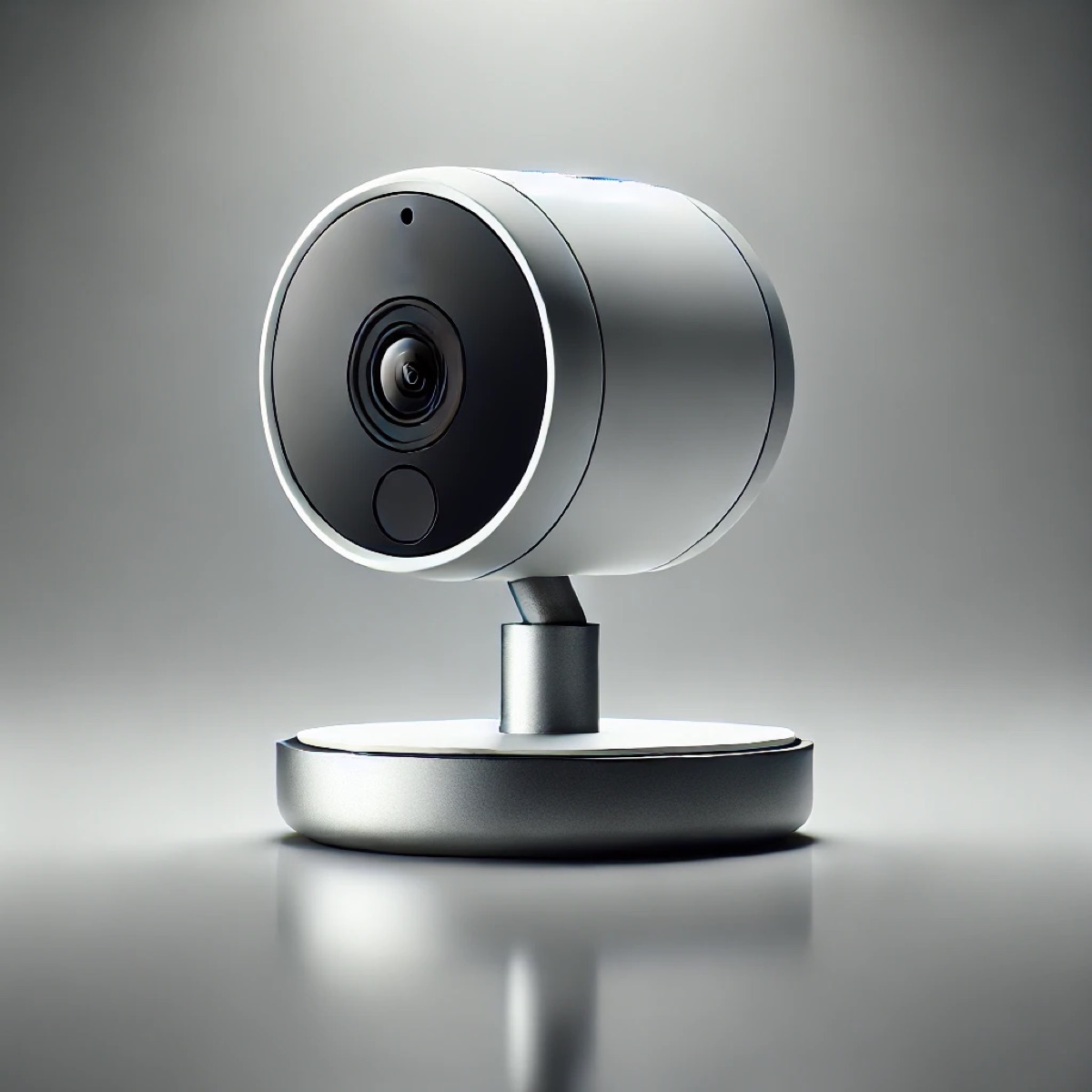 White security camera with a lens on a round base