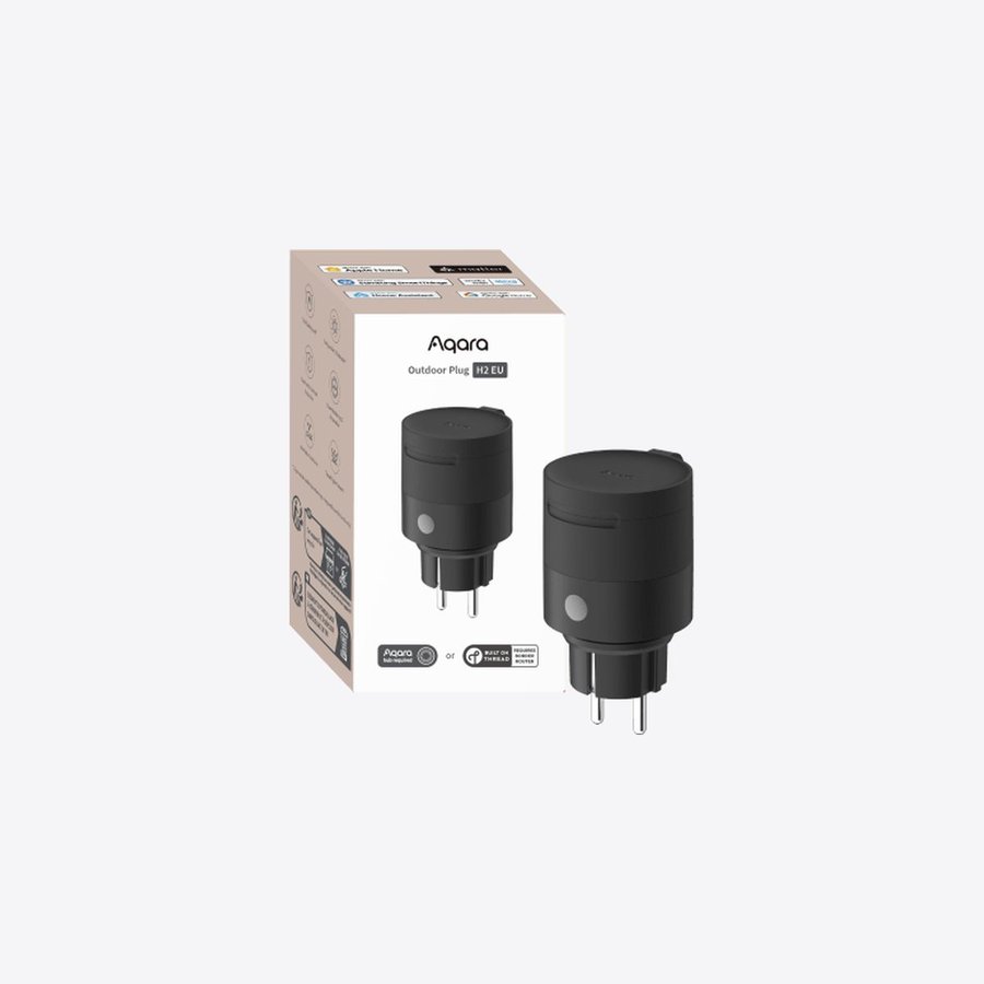 Schwarzer Aqara Außenstecker H2 EU vor seiner Verpackung
