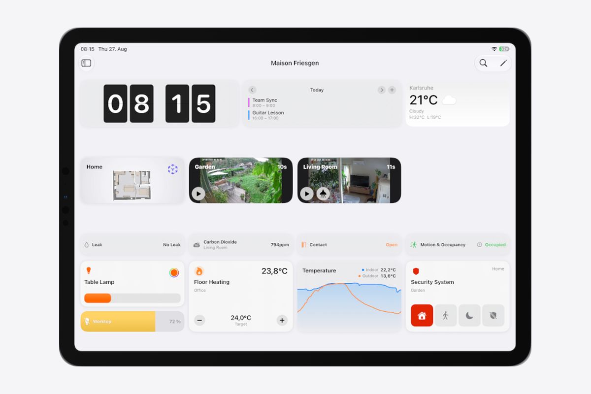 Controller-10-Dashboard auf einem iPad mit Uhr, Kamerabildern und Temperaturverlauf