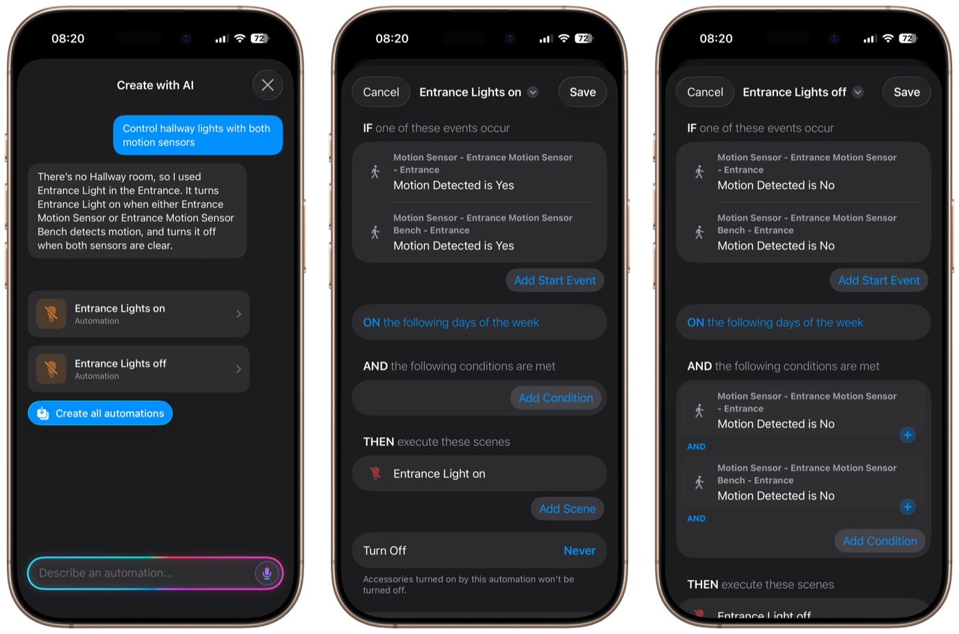 Controller AI erstellt zwei Automationen für mehrere Bewegungsmelder