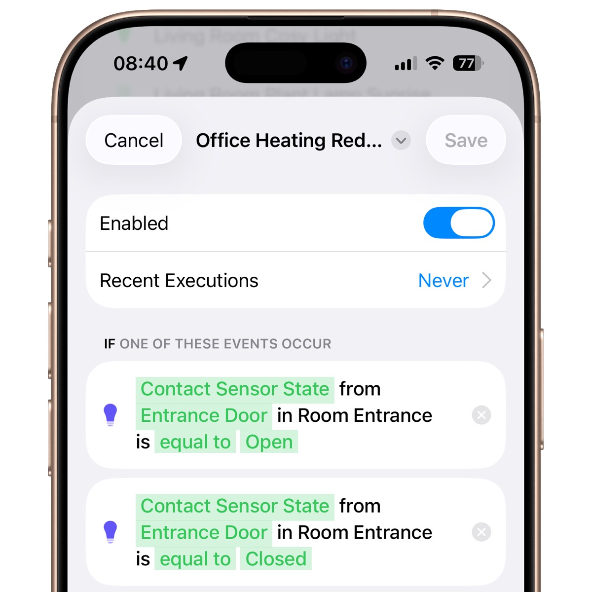 Workflow in Controller for HomeKit mit Fensterkontakt als Auslöser