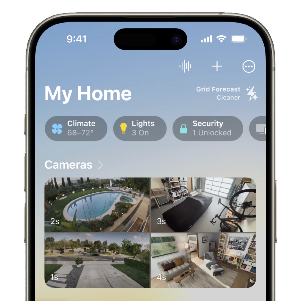 Home app on an iPhone showing four camera previews