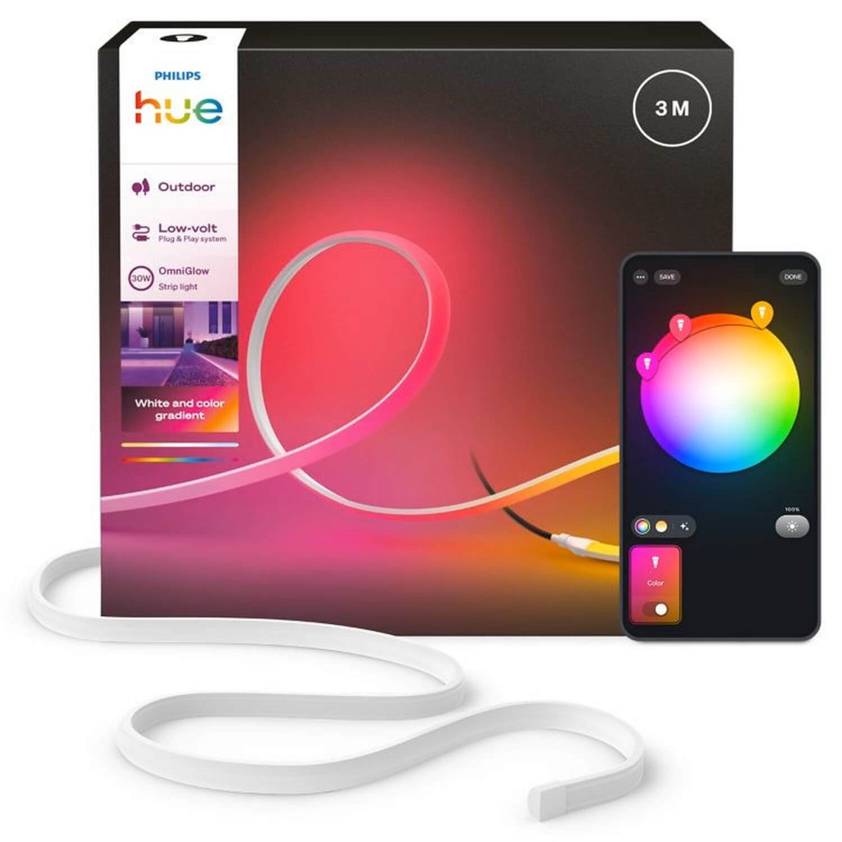 Verpackung des Philips Hue OmniGlow Lightstrip Outdoor neben dem Lightstrip und einem Smartphone