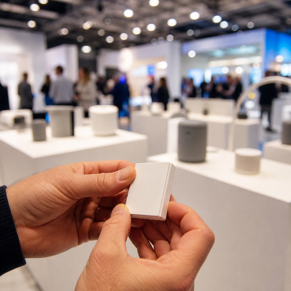 Hände halten einen kleinen weißen Sensor auf einer Messe
