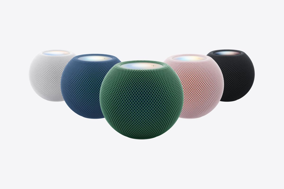HomePod mini in Weiß, Blau, Grün, Rosa und Mitternacht mit leuchtender Oberseite