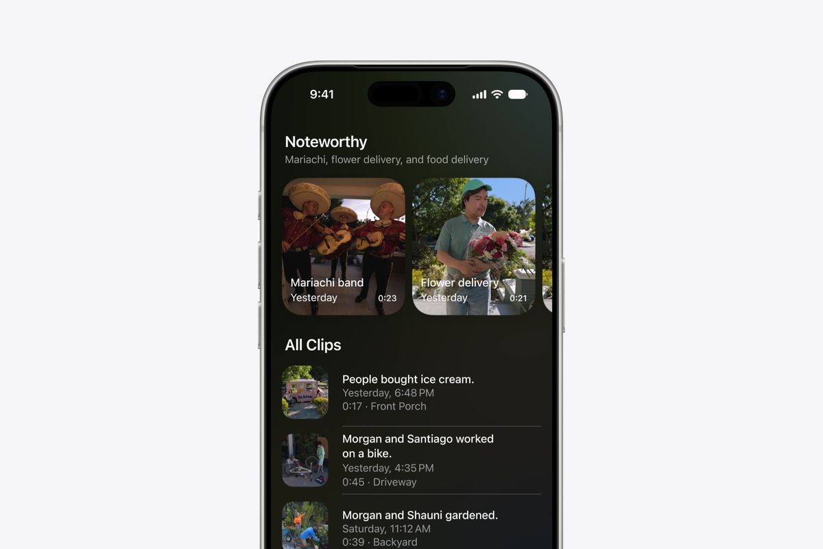 iPhone showing the Home app on iOS 27 with an overview of camera clips