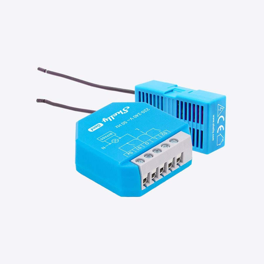 Blaues Shelly-Unterputzmodul der Gen4-Reihe mit Schraubklemmen und Bypass