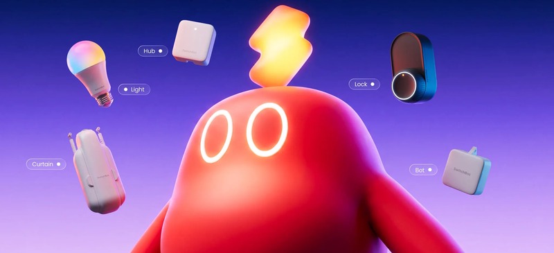 Red SwitchBot kata character surrounded by a bulb, hub, lock, and other devices