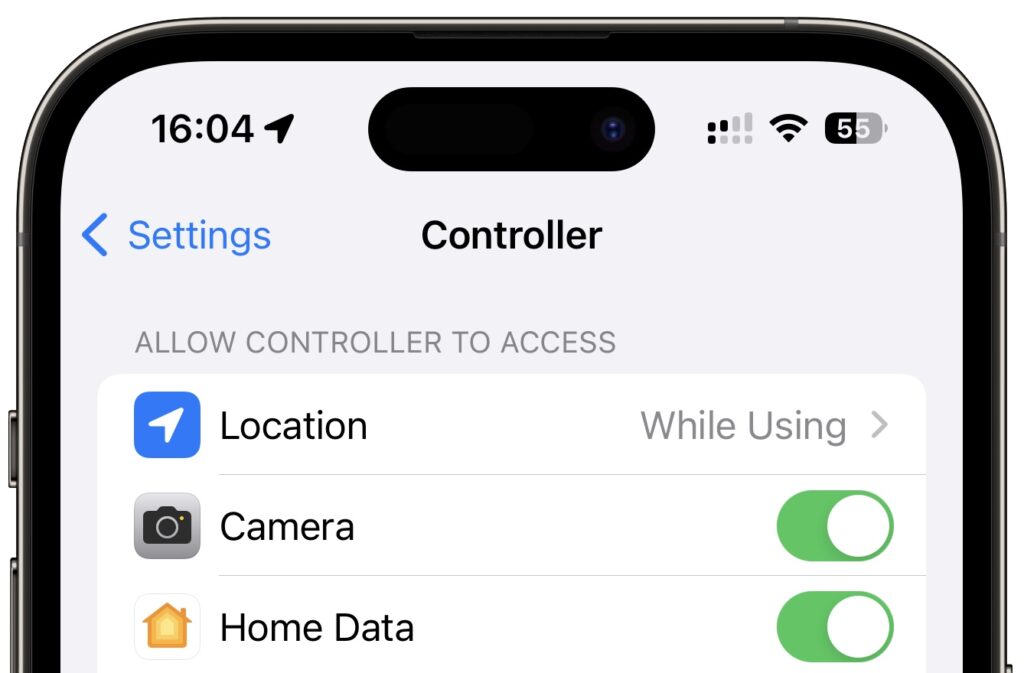 "Home-Daten"-Schalter in den iOS-Einstellungen für Controller for HomeKit