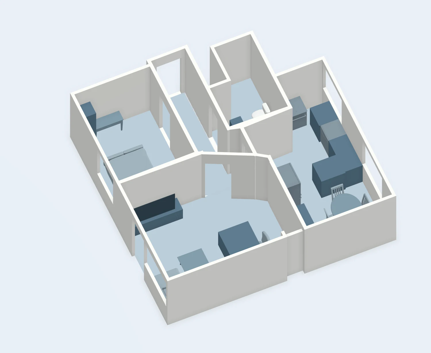 Dieselbe Wohnung als 3D-Modell, von der anderen Seite schräg von oben gesehen