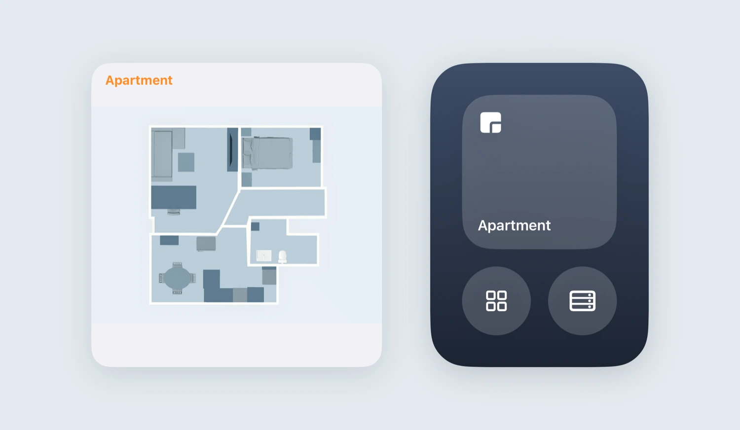 Der Grundriss als großes Widget auf dem Home-Bildschirm, daneben die Steuerelemente im Kontrollzentrum, die ihn öffnen