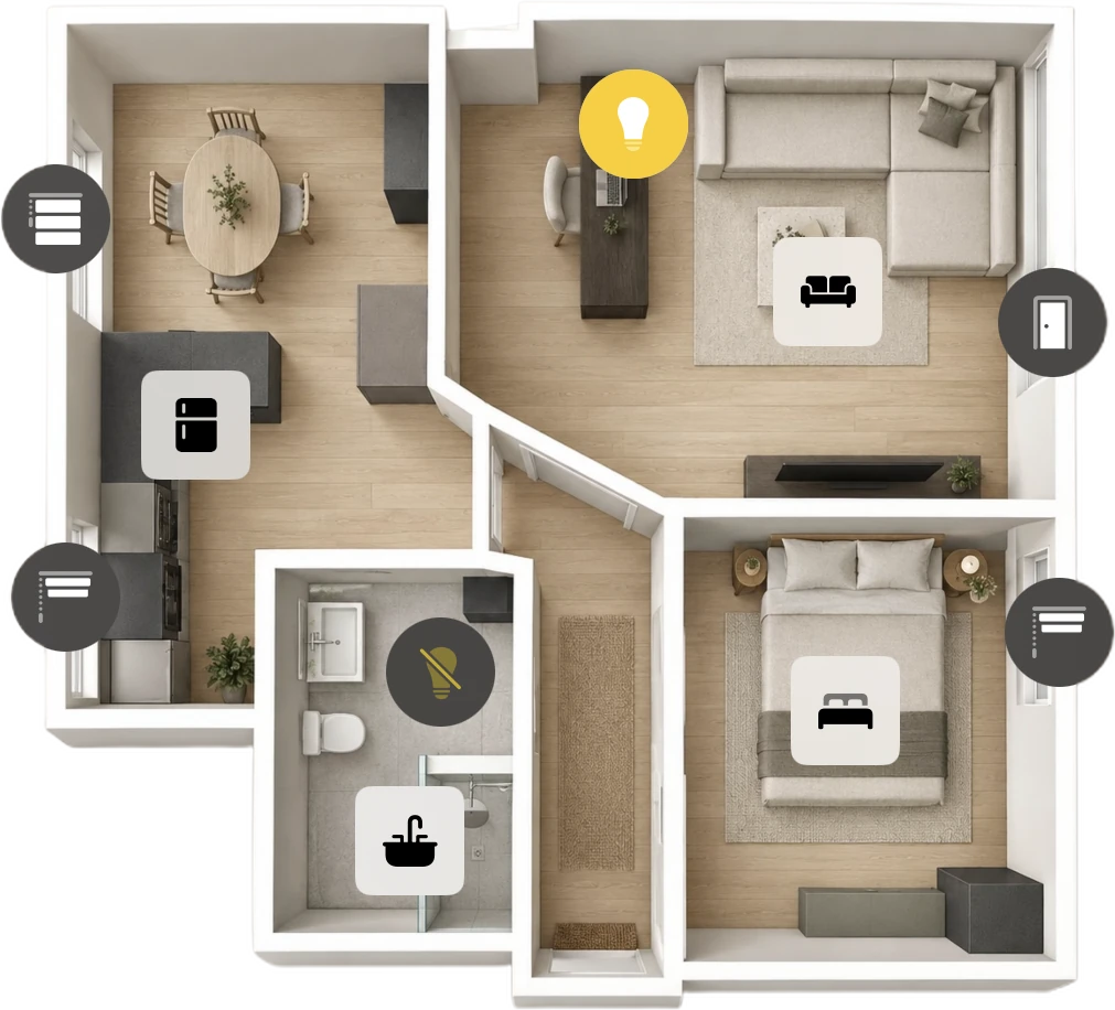 Top-down view of a furnished apartment floor plan with lamps, blinds and a door placed on it, along with icons for each room