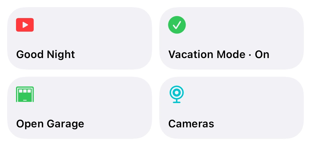 Widget mit vier Kacheln, auf der Kachel für den Urlaubsmodus ein grüner Haken