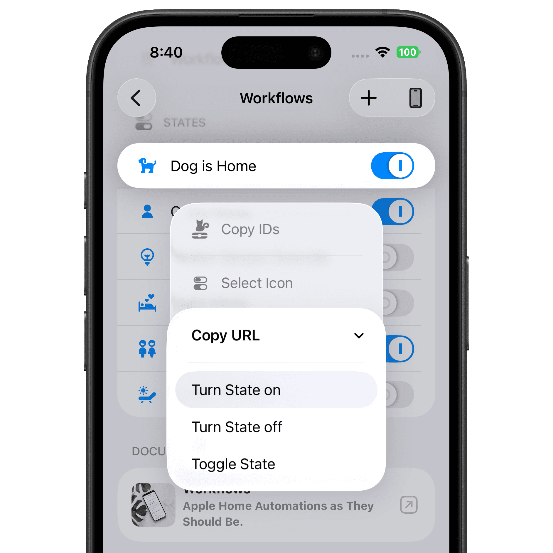 Zustands-URL-Menü auf dem iPhone