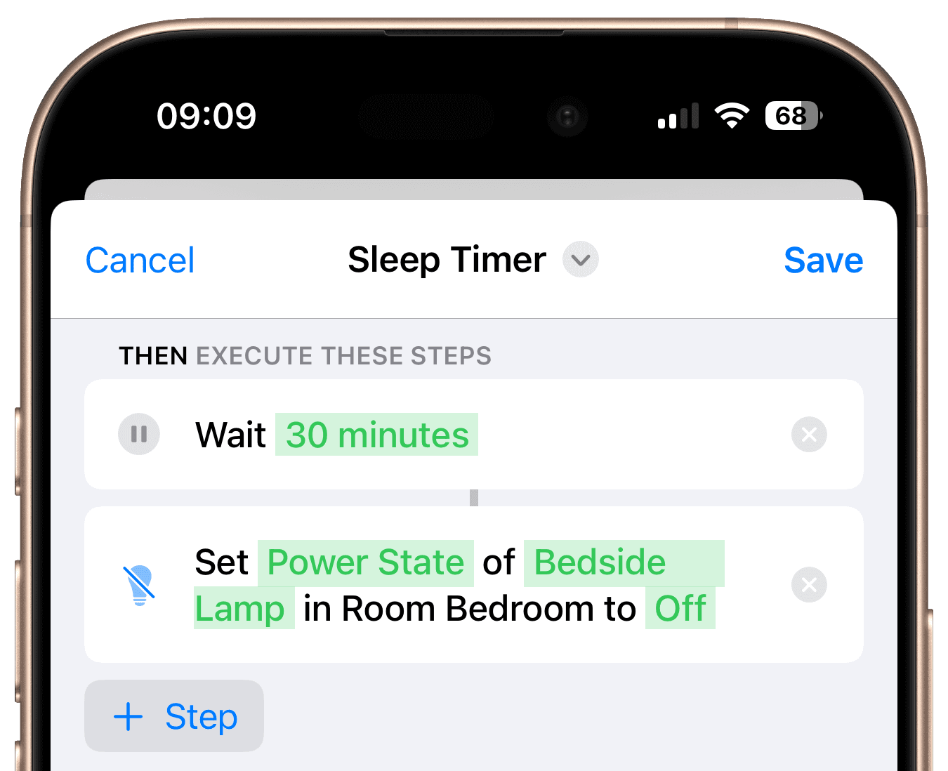 Sleep-Timer-Workflow mit Warte-Schritt und Szene