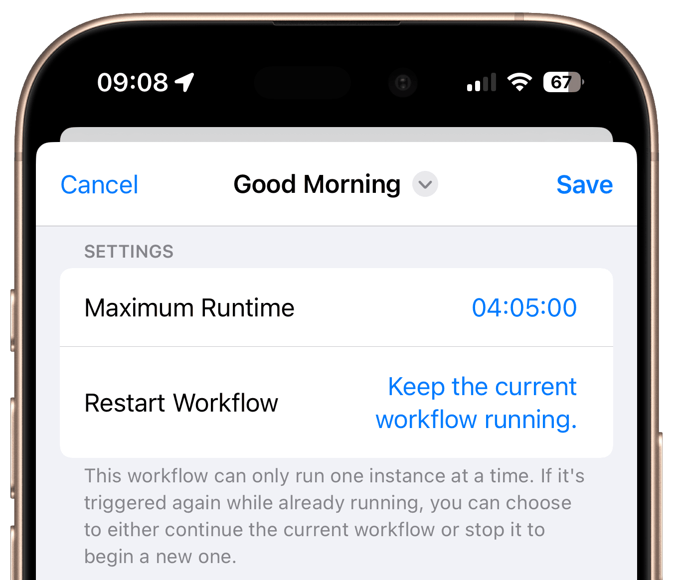 Einstellungen mit Den aktuellen Workflow weiterlaufen lassen