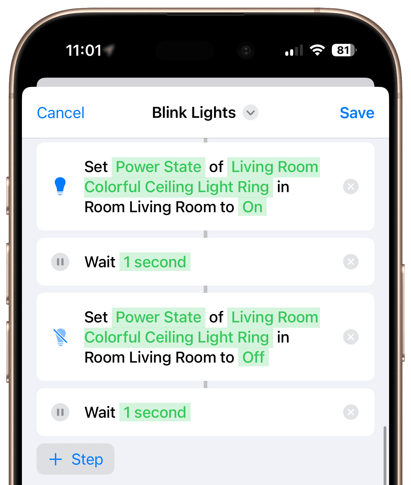 Workflow-Schritte für die Blink-Sequenz: Ein, Warten, Aus, Warten