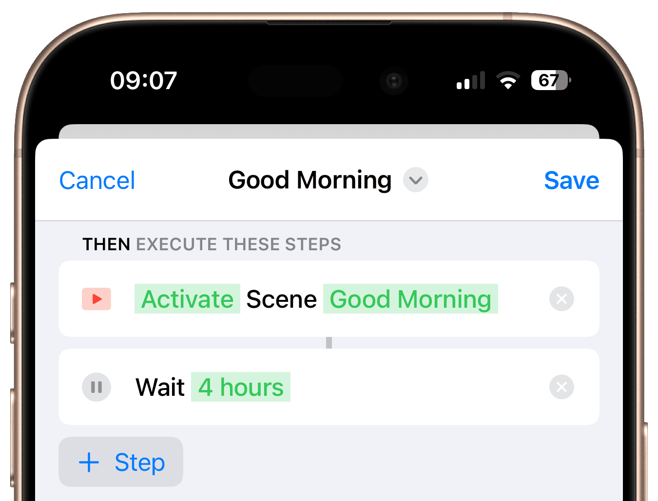Workflow-Schritte mit Szene ausführen und Warte-Schritt