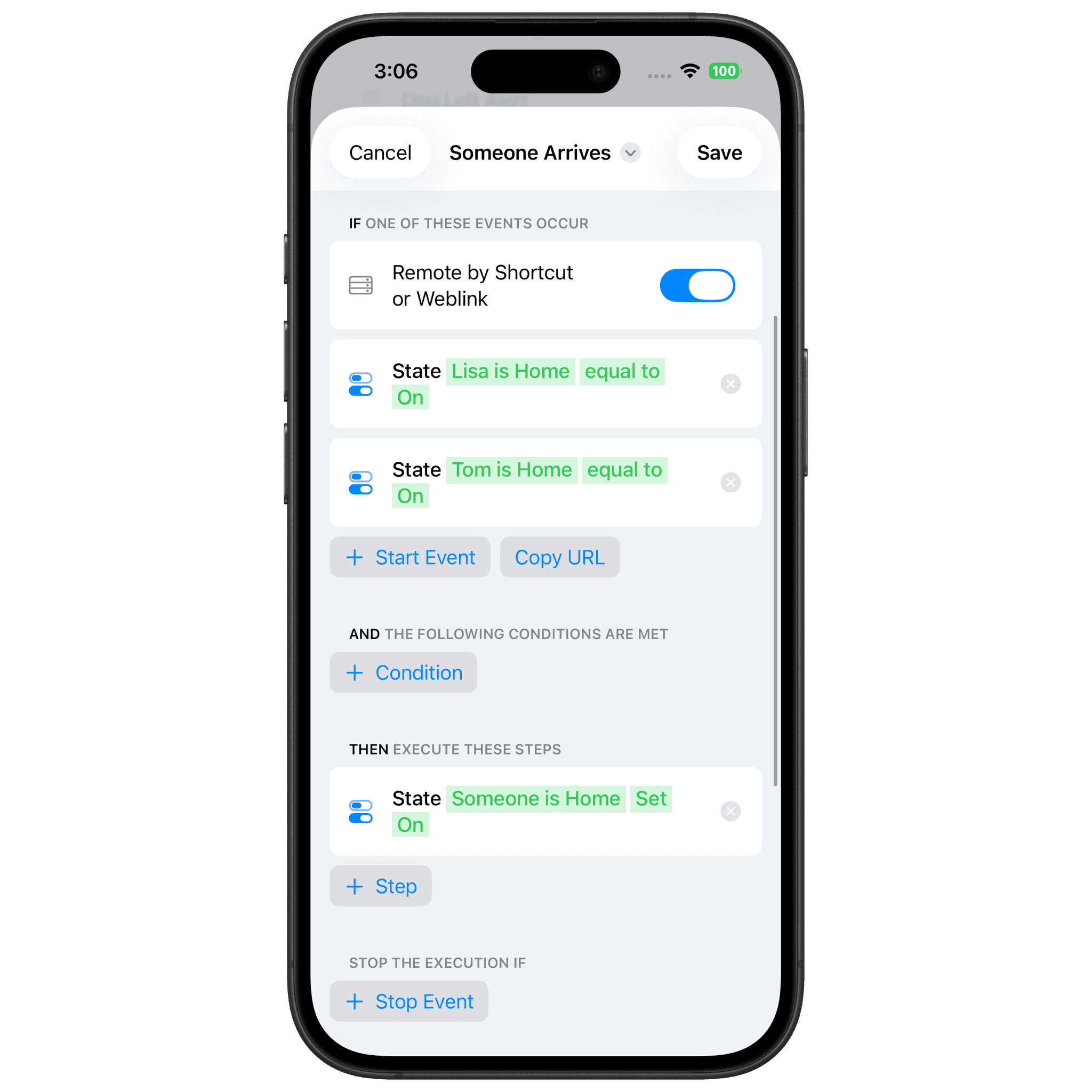 Workflow schaltet Someone is Home bei erster ankommender Person ein