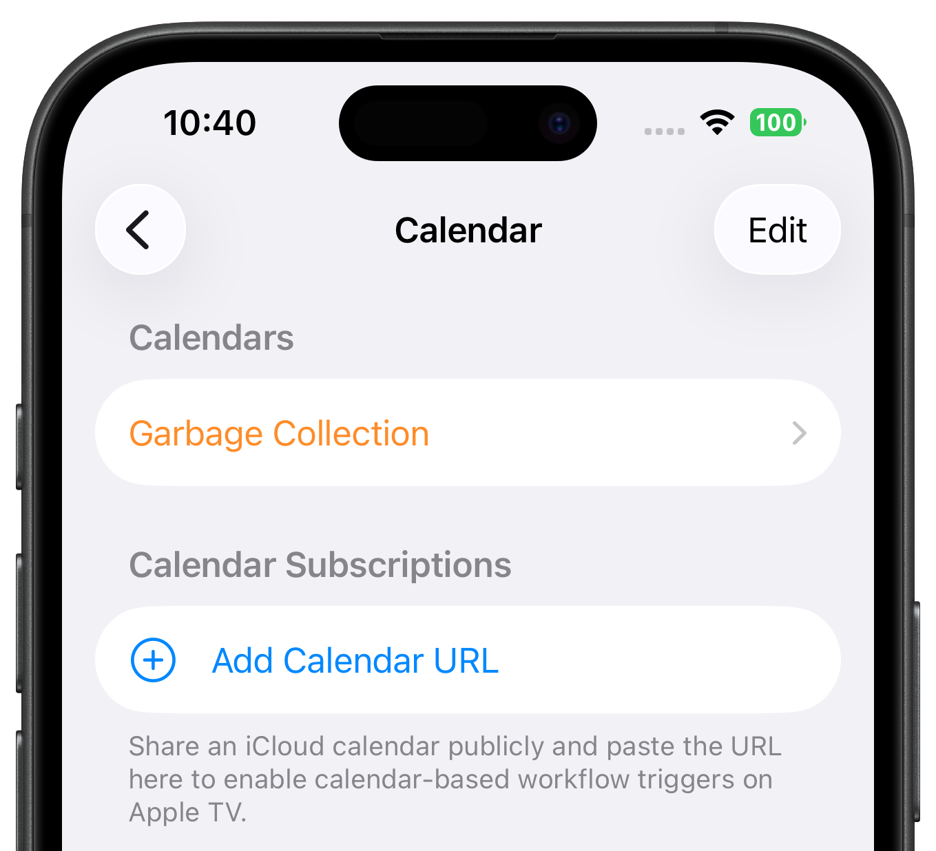 Kalendereinstellungen in Controller for HomeKit mit aktiviertem Abfallkalender