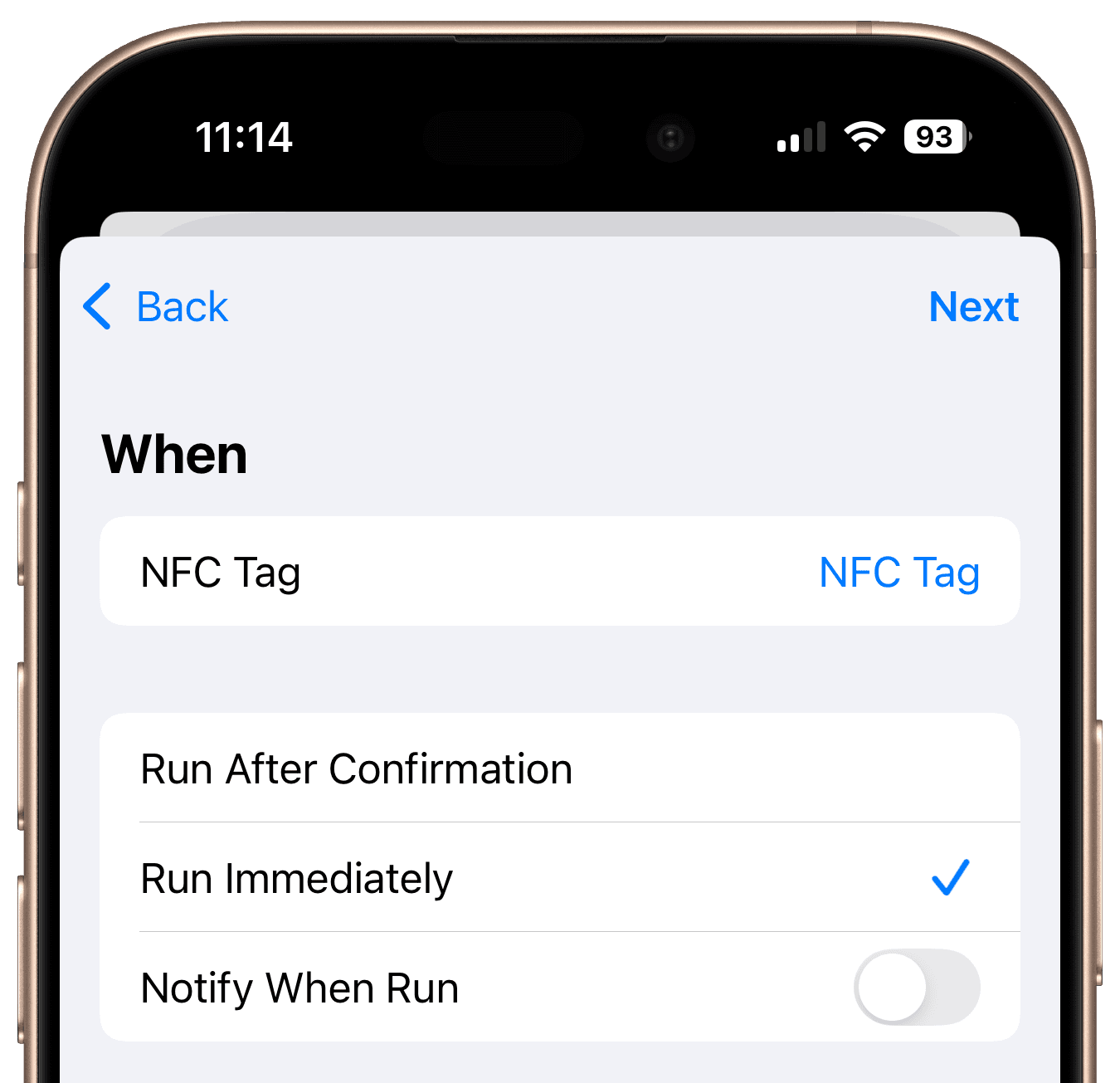 NFC-Automation mit aktivierter Option Run Immediately