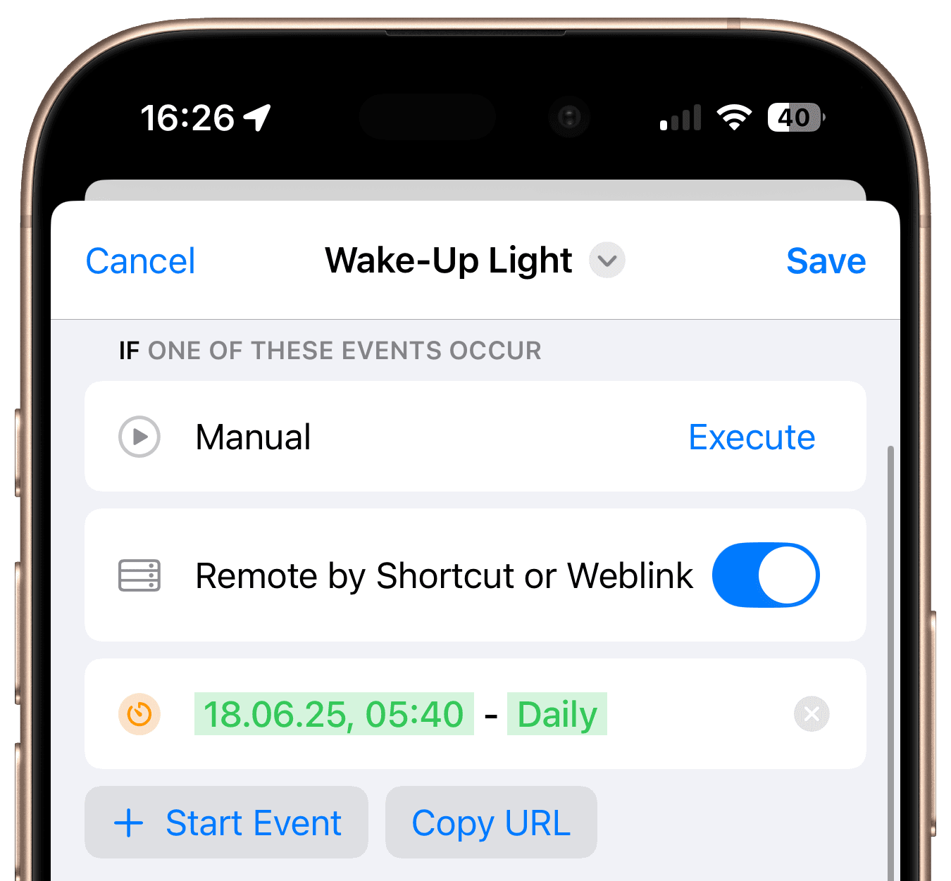 Wake-Up-Light-Start-Event mit täglichem Zeitplan