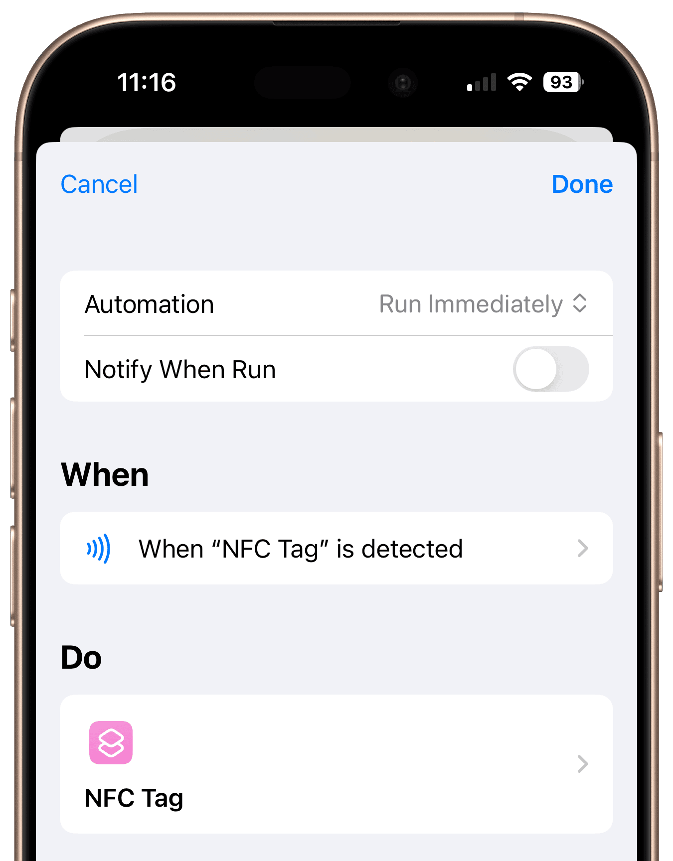 Auswahl des Kurzbefehls in der NFC-Automation