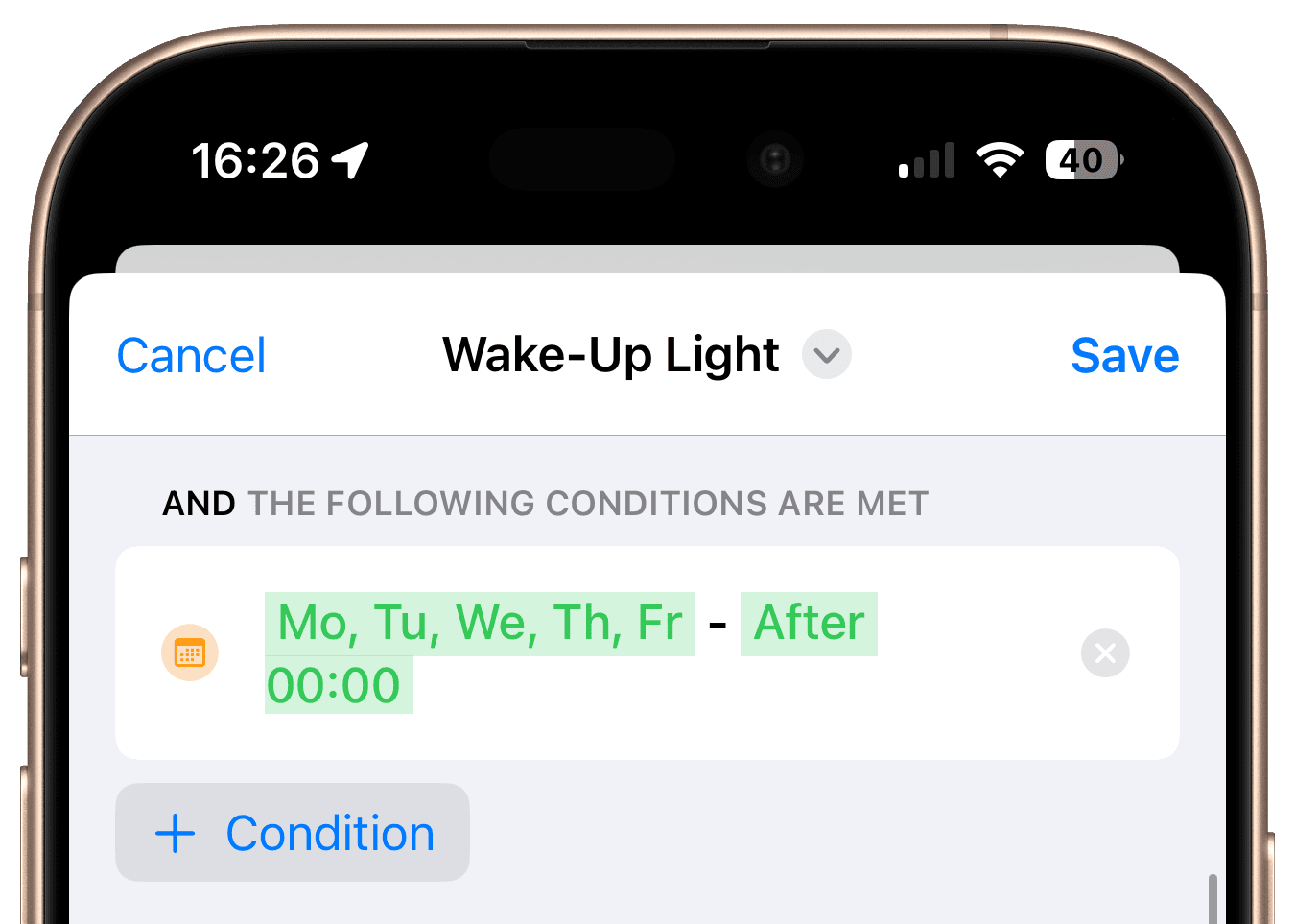 Wake-Up-Light-Bedingung mit Wochentagsauswahl