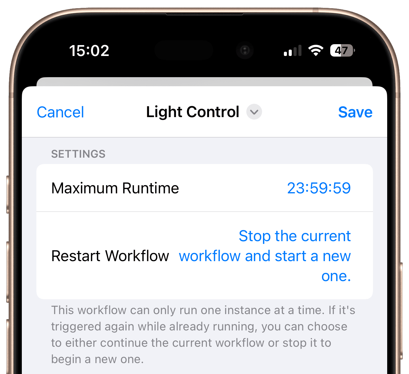 Workflow-Einstellungen mit Neustart-Option