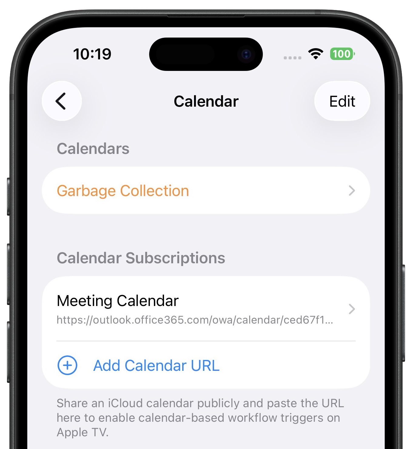 Kalendereinstellungen in Controller for HomeKit mit aktiviertem Meeting-Kalender